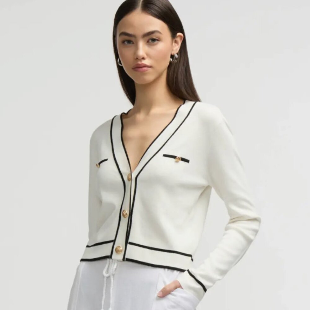 NVLT White & Black Long Sleeve Lightweight Cropped Cardigan Sweater S